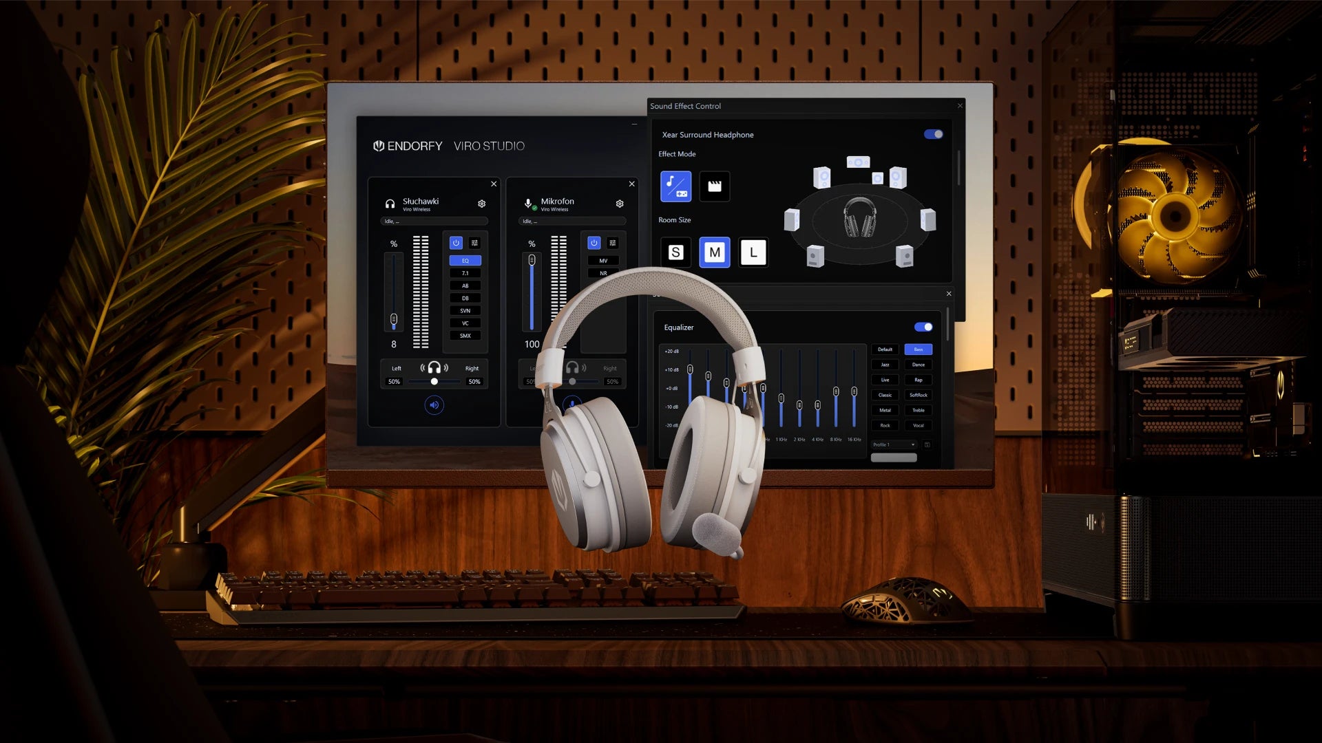 Floating ENDORFY Viro Wireless Onyx White headphones. In the background, there is a computer setup and a monitor running the dedicated ENDORFY Viro Studio software
