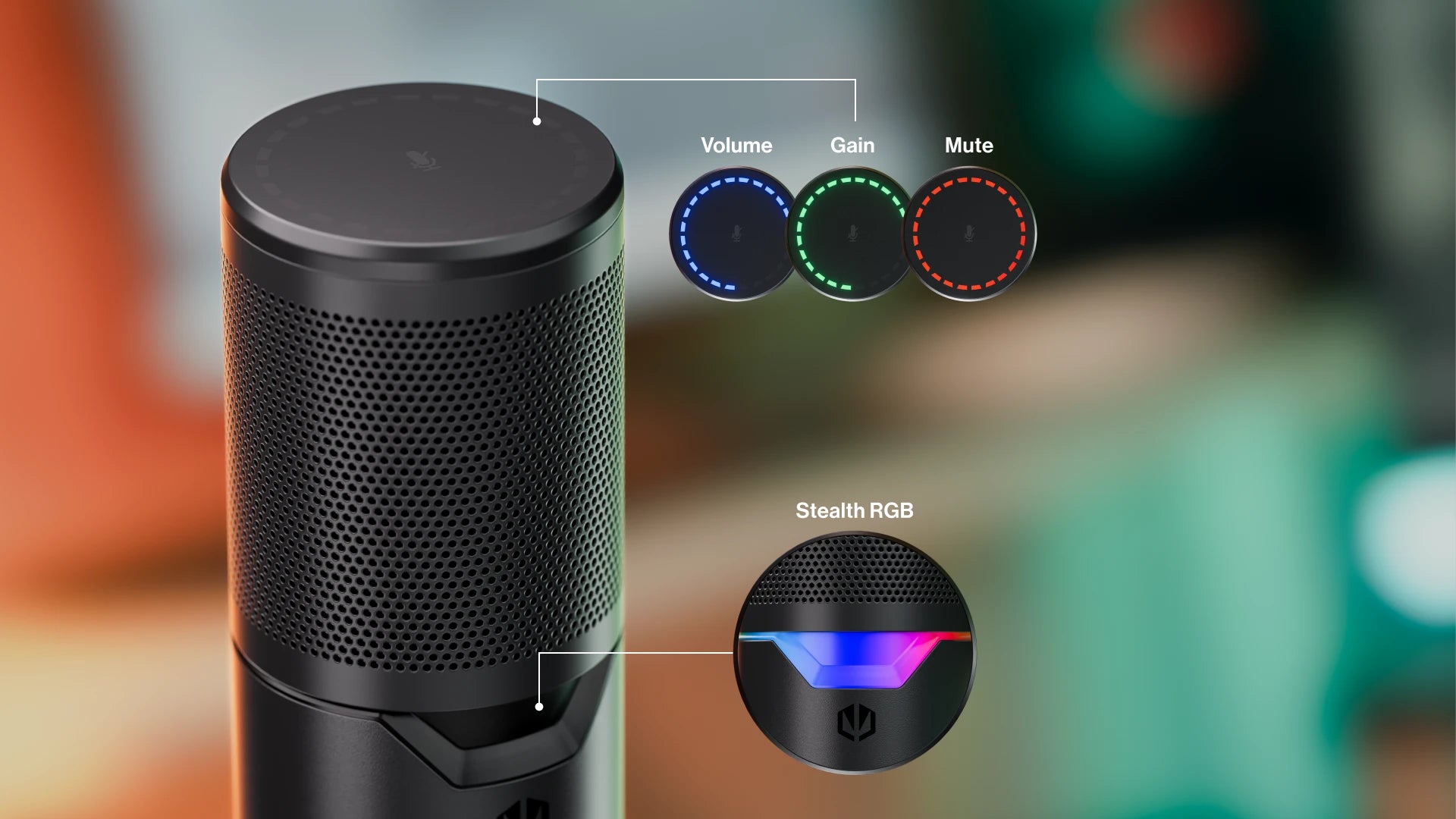 Close-up of the Solum 2 Pro microphone capsule with visualizations of the ARGB indicators of volume level, gain, and mute status