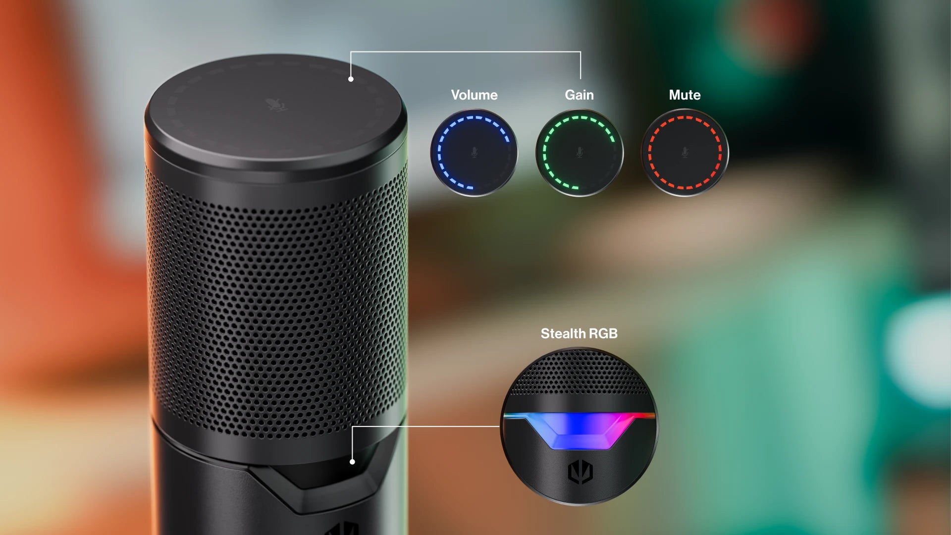 Close-up of the Solum 2 Pro microphone capsule with visualizations of the functional ARGB lighting on top of the microphone, indicating volume level, gain, and mute status