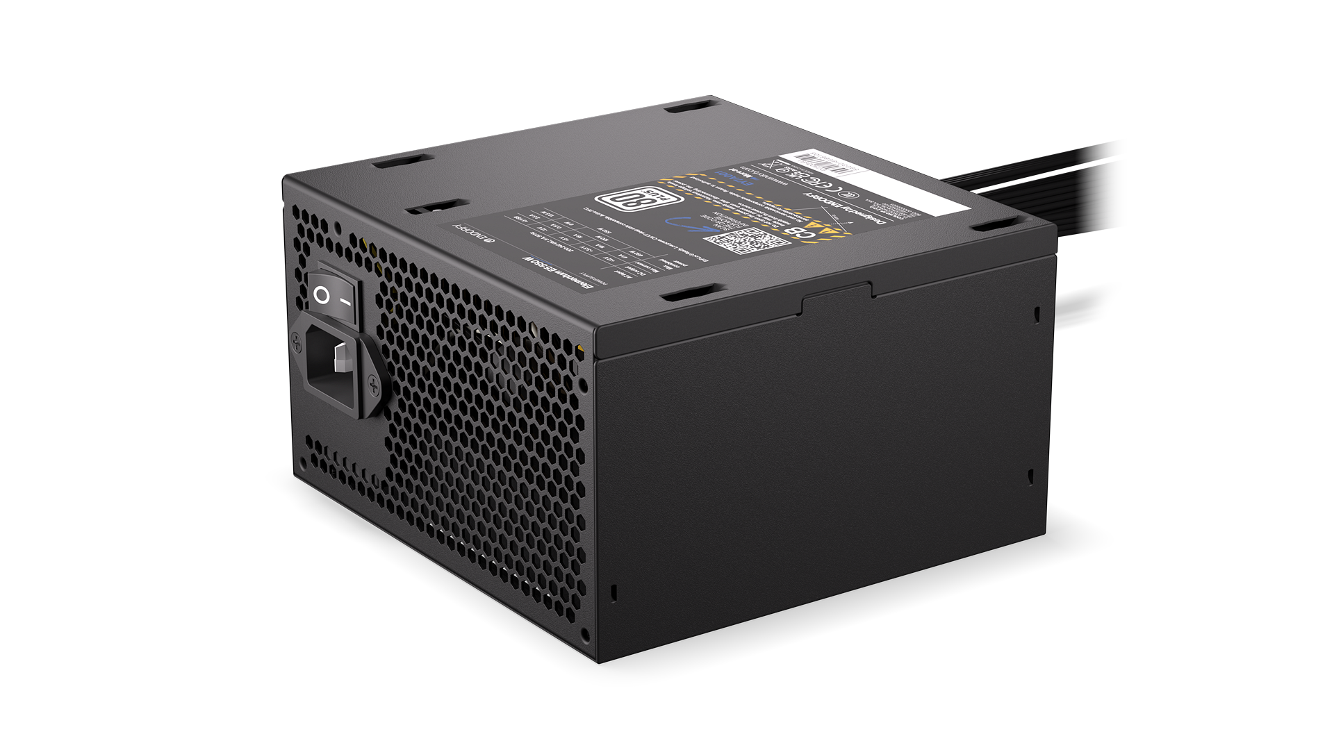Endorfy elementum e5 | 550w 80 plus | 120mm ventilator in zaščite ovp uvp scp opp sip | atx napajalnik 2 Endorfy elementum e5 550 w računalniški napajalnik pogled na priključek in tehnično nalepko