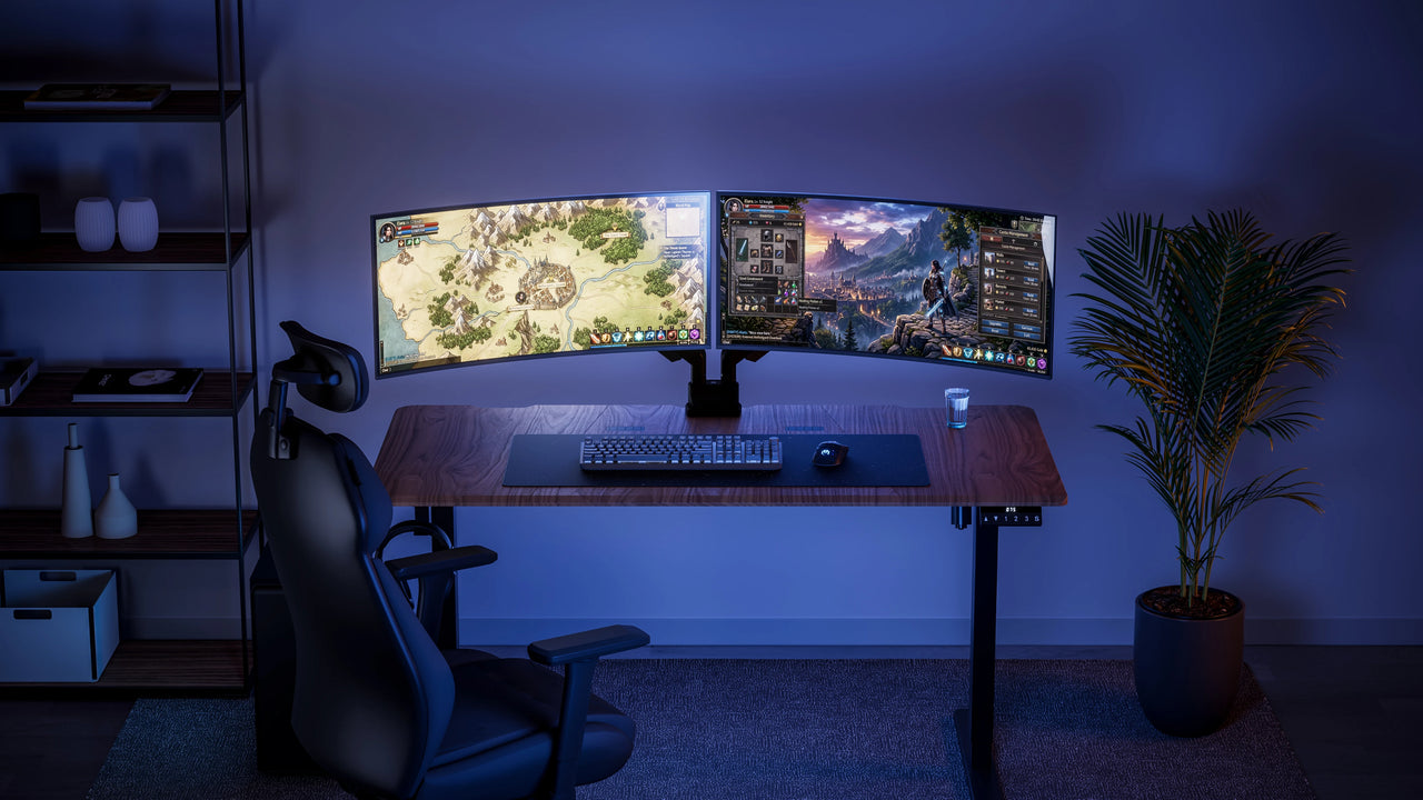 Visualization of a gaming setup with the ENDORFY Atlas GS Pro Double monitor arm at night