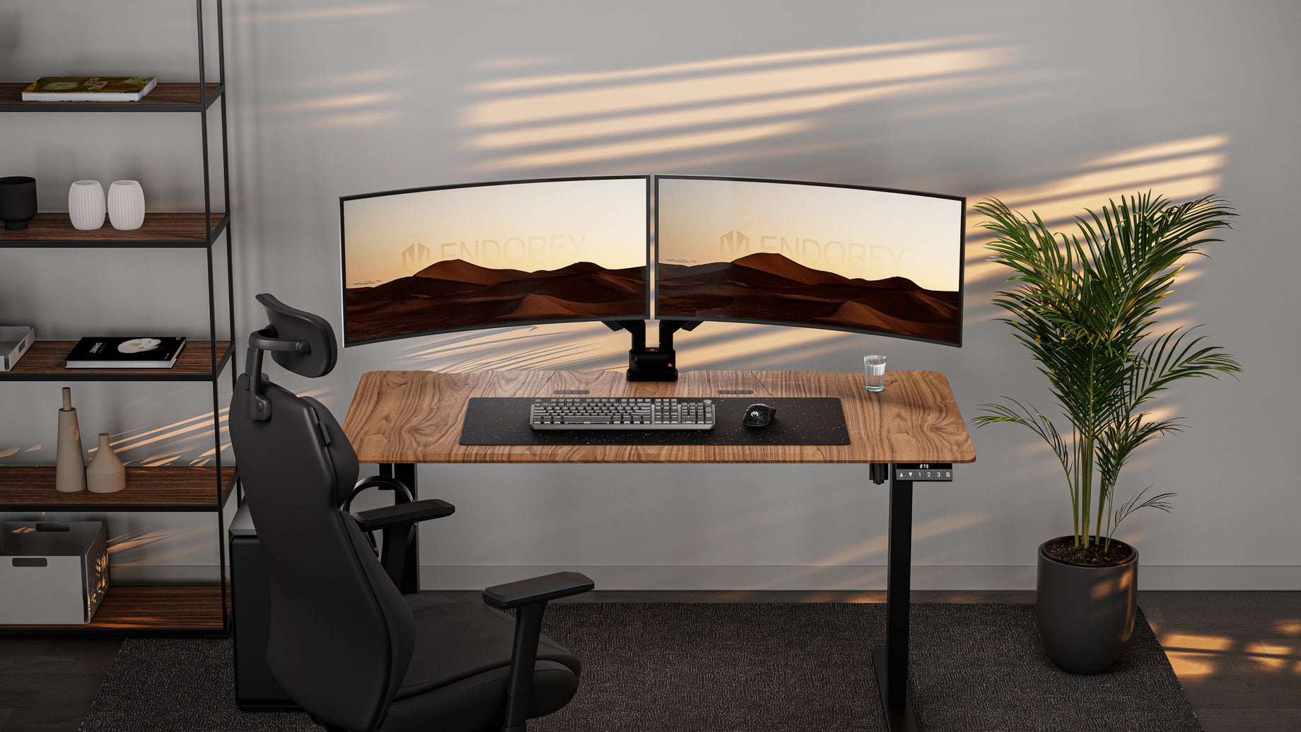Visualization of a computer setup with the ENDORFY Atlas GS Pro Double monitor arm during the day
